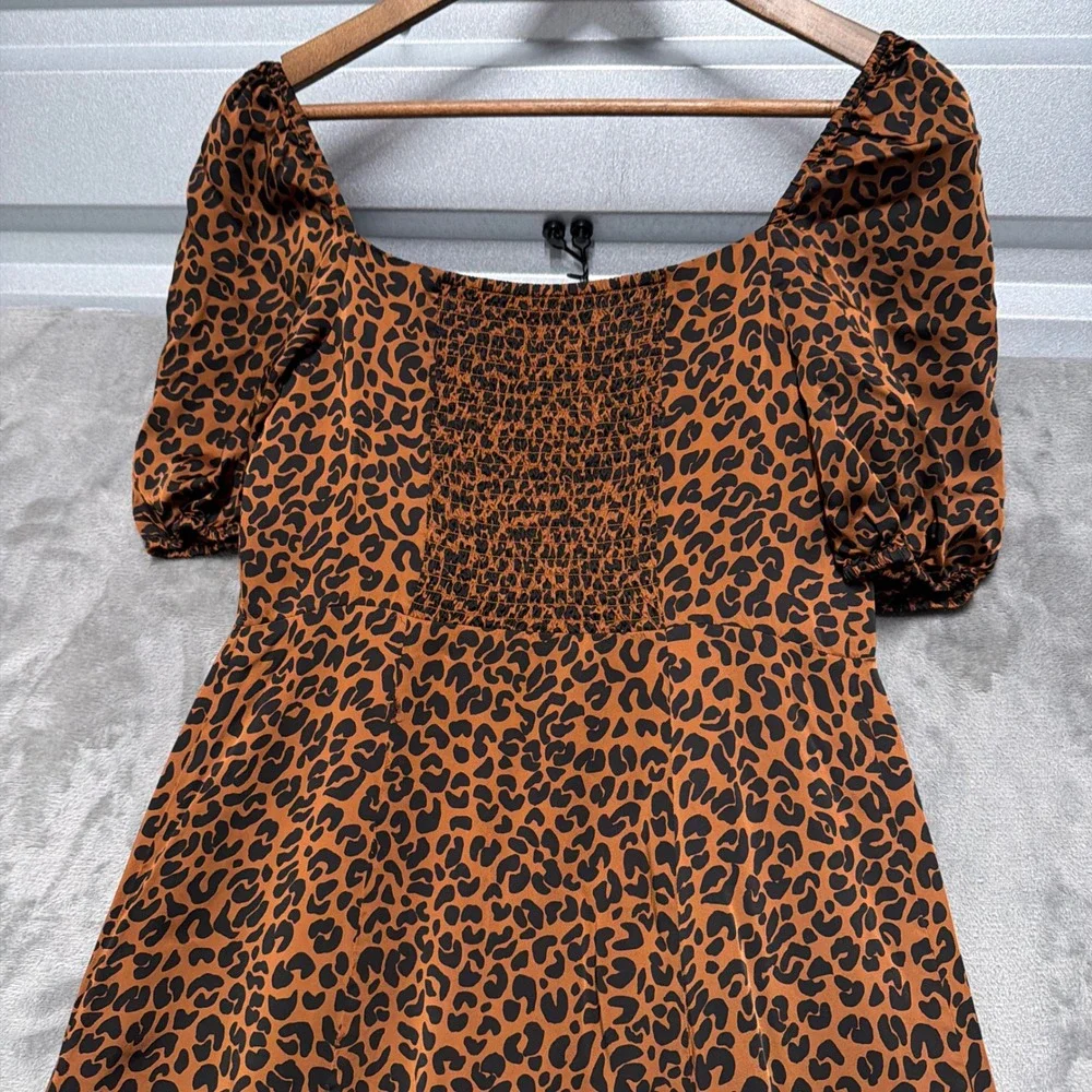 Good American Leopard Print Midi Dress Womens 3 Large Brown Button Front Smocked - Picture 10 of 12